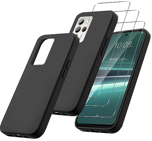 MIBZOR 4 in 1 Schwarz Hülle Kompatibel mit HTC U23 Pro (6.7), 1 Handyhülle und 3 Stück Schutzglas Panzerglas, Black Schutzhülle Weich Silikon Flexibel TPU Tasche Case