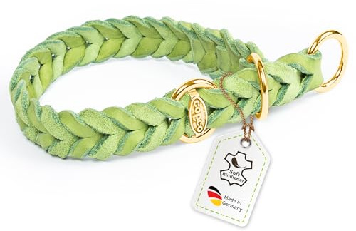 CopcoPet Hundehalsband Würger 50–55 cm x 25mm Grün – Geflochtenes Halsband mit Zugstopp & Messing Ring – Aus robustem Fettleder – Für große Hunde – Weiches Lederhalsband fürs Training