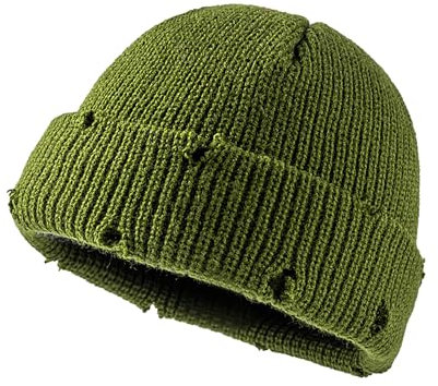 Opreng Unisex warme Strickmütze mit Totenkopf-Motiv, Hip-Hop, lässig, zerrissene Strickmütze, Grün , Einheitsgr��e