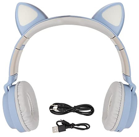 Katzenohr-Gaming-Kopfhörer, Katzenohr-Kopfhörer, Gaming-Kopfhörer, Katzenohr-Gaming-Kopfhörer, Tiefer Bass, LED-Licht, Faltbar, Niedliches Katzenohr-Headset mit Weichen (Blau grau)