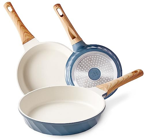 RIOVARM Antiadherente Juego de sartenes Inducción Juego de sartenes con mango resistente al calor Granito Sartén para tortillas sin PFOA Mármol Batería de cocina para varias estufas 20cm 24cm 28cm