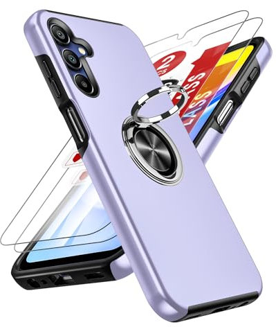 LeYi Cover per Samsung A15 con [2 Pack] Vetro Temperato e Protezione Fotocamera, Custodia Anello Supporto Antiurto TPU Silicone Bumper Case Silicone Custodie per Galaxy A 15 5G/4G, Viola