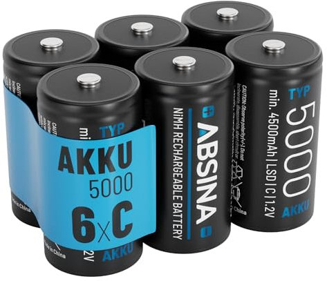 ABSINA 6X Batterien C Baby LR 14 wiederaufladbar 5000 mit geringer Selbstentladung - C Batterien Akku NiMH mit min. 4500mAh & 1,2V - Baby C Akku, Baby Batterien, Batterien Baby C, Batterie C LR14