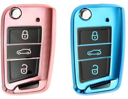 2 Stück Autoschlüssel Hülle, Schlüsselbox ,Autoschlüssel Schutzhülle kompatibel mit VW Golf 7、Polo、Tiguan、Skoda 3-Tasten Schlüsselhülle (Roségold + Blau)