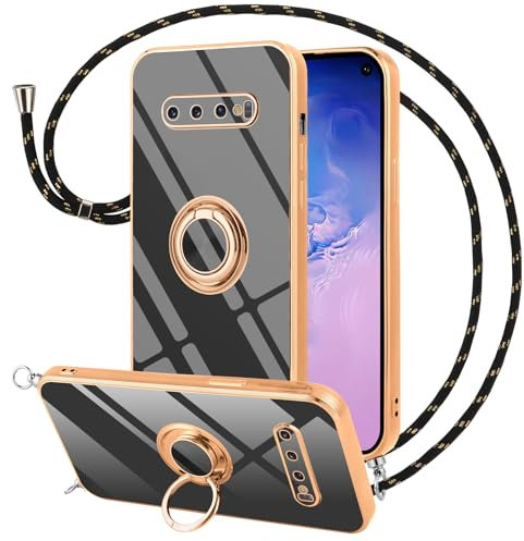 Vauki Handykette für Samsung Galaxy S10 Hülle mit Band,Handyhülle mit 360 Grad Ring Handyhalterung und Kordel Kette zum Umhängen Necklace Schutzhülle Stoßfeste Silikon TPU Soft Case,Schwarz