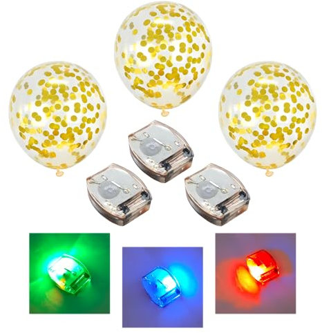 3 Stück wasserdichte blinkende LED-Leuchten für Luftballons + 3 Luftballons mit goldenen Konfetti, Dekoration für Geburtstagsfeiern, Hochzeiten, Jubiläen, Abschlussfeiern, Babypartys