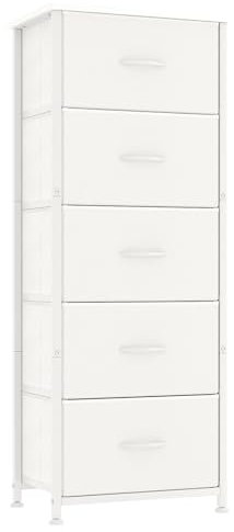 CAIYUN Chest of Drawers, 5 Drawer Tall Dresser, Fabric Dresser for Bedroom Closet Entryway Hallway Nursery Bedside, Storage Organiser Unit, White