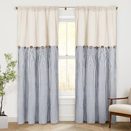 ASPMIZ Baumwoll-Leinen-Vorhänge im Landhausstil, rustikale Knopfvorhänge, Leinen-Fenstervorhang, Blaue Streifen, Landhausvorhang für Wohnzimmer, Moderne Verdunkelungsvorhänge, 132 x 213 cm, 2 Paneele