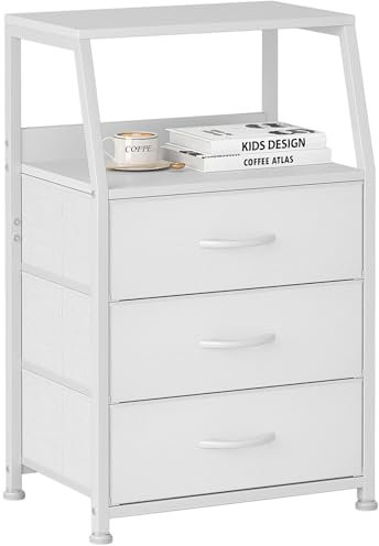Nachttisch mit 3 Schubladen, Weiß Kommode, Metallrahmen 2-Tier Beistelltisch, Holz Klein Nachtkommode, Mini Stoff Nachttische Aufbewahrungsschrank Couchtisch für Wohnzimmer, Schlafzimmer, Kinderzimmer