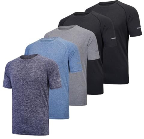 Fovdtaa - Paquete de 5 camisetas atléticas transpirables de manga corta y cuello redondo para hombre, para gimnasio, entrenamiento y correr, L