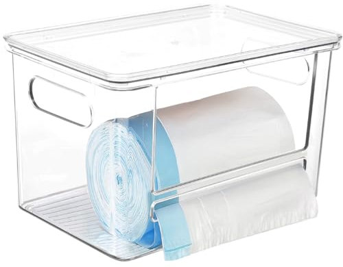 JYPS Trash Bag Dispenser Holder with Lid, Extra Large Multifunctional Stackable Garbage Bag Holder, Trash Bag Organiser for Under Sink, Plastic Bag Storage, Laundry, Kitchen Storage and Organization