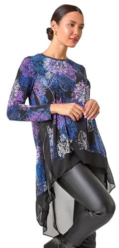 Roman Chiffon Dipped Hem Top Asymmetric Tunic for Women UK Ladies Stretchy Jersey Flared Blouse Smart Fit & Flare Form Casual Loose Longline Party Hanky Tunics - Purple - Size 12