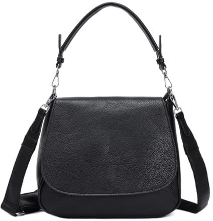 OBC Damen Tasche Shopper Hobo Bag Schultertasche Cross Over Body Bag Umhängetasche Beuteltasche Handtasche Henkeltasche Leder Optik Schwarz V1