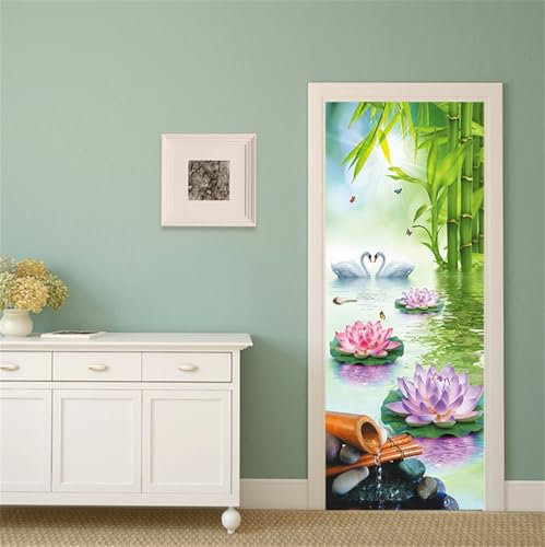 FLFK 3D Türtapete Selbstklebend TürPoster 85X215cm-Rosa Lotus Bambus landschaft Türaufkleber Abziehen und Aufkleben Mauer Aufkleber Zuhause Dekor(2 Stk/Set)