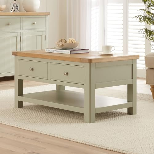 The Furniture Market Marbury Sage Green | Painted Two Drawer Coffee Table | Storage & Lower Shelf | Living Room | Whitewash Oak Top | Choice of Handles | Fully Assembled | H 500 x W 1000 x D 600mm