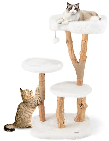 COSTWAY 110 cm Árbol para Gatos de Madera Maciza, Rascador para Gatos con 2 Plataformas de Salto, Postes Rascadores de Yute, Cama y Bola Colgante, Torre Rascador para Gato, Tejido de Peluche, Blanco