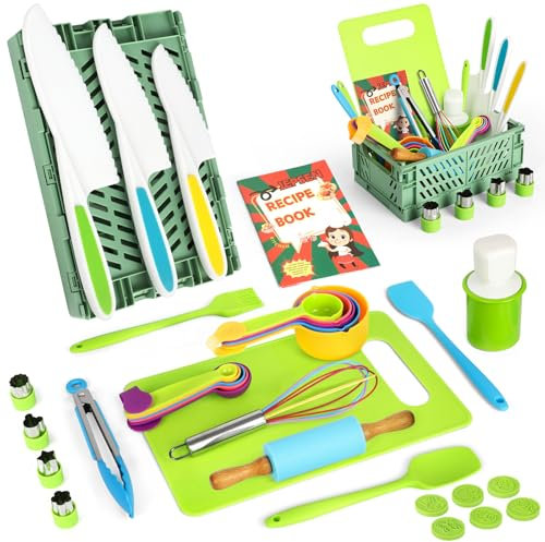 Jepsen 33 Pieces kids cooking set,kids knife set for chopping,toddler baking set,For Real kitchen Cooking Baking,With Chopping Board, Measuring Spoons, And Baking Recipes