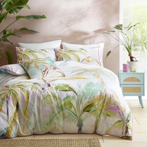 Appletree - Tropical Palm Leaves Duvet Cover - King Bedding Size (230 x 220cm) - 100% Cotton - Pink Piped Edge - 2 Pillowcases - Green Tropical Bedding with Leaf - Jungle Duvet Cover in Pink