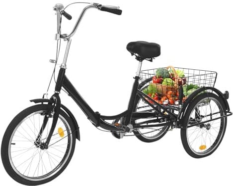 WSIKGHU 20 Zoll Dreirad für Erwachsene, 3 Rad Premium Fahrrad mit Einkaufskorb, 20 Zoll Faltbares Fahrrad für Mädchen Jungen Herren und Damen (155-175CM,120KG) (Schwarz)