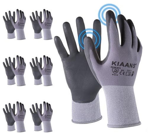 KIAANS 6 Pairs Safety Work Gloves with Touchscreen Nitrile Coated Gloves Anti-Static Multi-Purpose Working Gloves EN388 - Size: 9/L