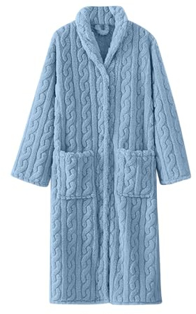 Bata larga de felpa para mujer, bata de baño de forro polar grueso jacquard con botones y bolsillos, acogedora y suave, para invierno, otoño, descanso, spa, cómoda ropa para el hogar
