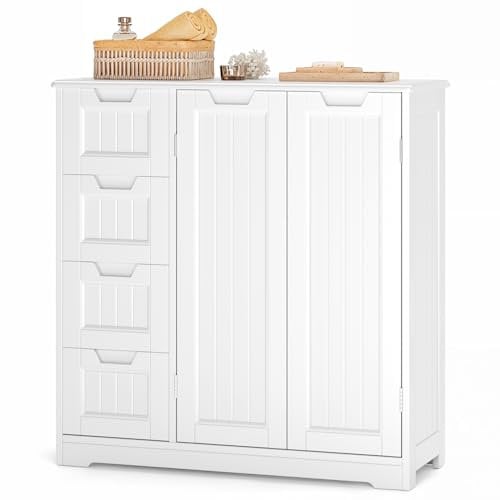 Xbro Badezimmerschrank Badschrank mit 4 Schubladen und 2 Türen,Schrank für Badezimmer Wohnzimmer Küche,Badschrank mit Verstellbare Ablage,Badezimmermöbel Schrank,81 X 30 X 83 cm,Weiß