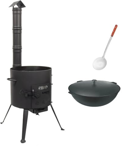 SET Kukmara Utschak mit Abzugs-Rohr, 37m + 10 Liter Gusseisen Kazan INNEN GLATT + 47cm Schaumlöffel - Feldküche, Gulaschkessel Feuerkessel Feuer-Ofen Outdoor für Kazan Kasan 10L
