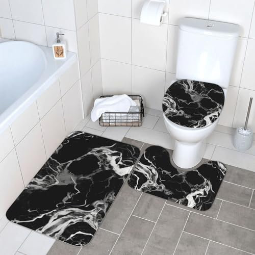 3 Piece Bathroom Rugs Sets Super Absorbent Bathroom Mats Set Non-Slip Bath Rug Washable Contour Mat and Toilet Lid Cover Black and White Marble Bath Mats Carpet for Bathroom Shower Rug