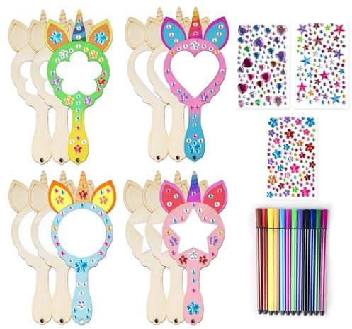 12 Stück Kindergeburtstag Spiele Basteln, Holzspiegel zum Bemalen für DIY Kinder Malen mit 3 Strass Aufkleber und 12-farbige Malstifte Creative Painted Mirrors für Mädchen Bastelset Party-Mitgebsel