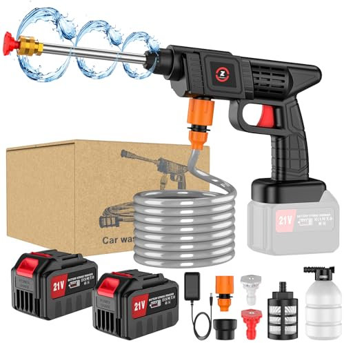 Nettoyeur haute pression sans fil 50 bar avec 1 batterie, chargeur et tuyau de 5 m pour le lavage et l'arrosage de la voiture (batterie D-2)