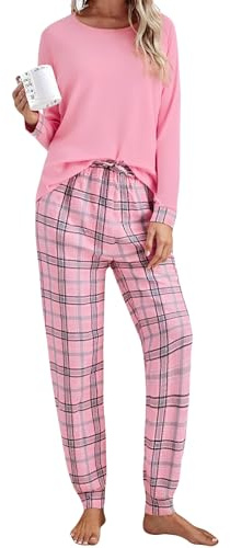 Litherday Schlafanzug Damen Lang Baumwolle Winter Pyjama Set Langarm | Schlafanzüge Zweiteilige Nachtwäsche Sleepwear und Karierte Pyjamahose mit Tasche