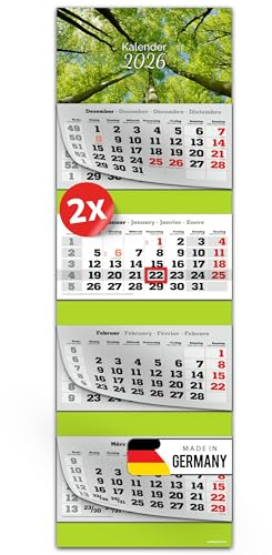 PRIMUS PRINT XXL Kalender 2026 - Mehrblock Wandkalender - 4-Monatskalender - mit Datum Schieber, Kalender zum Aufhängen - inklusive Feiertagen & Ferien - verschiedene Motive - [ 2x Bäume ]