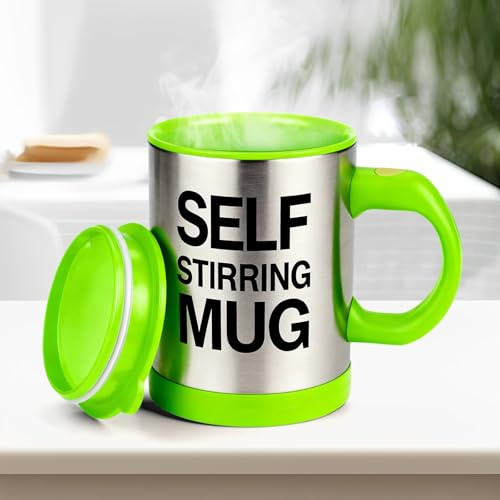 JTOOYS Self Stirring Coffee Mug, Stainless Steel Electric Coffee Mug with Lid 450ml for Coffee Tea Hot Chocolate Milk and Cocoa (Green, Batteries Not Included)