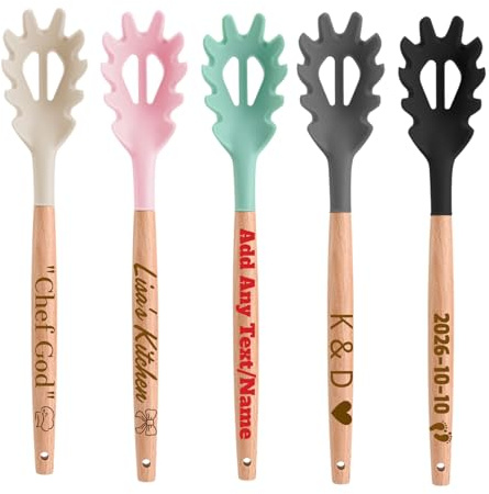 Bulk 1-50Pcs Personalised Custom Engraved Pasta Spoon, Silicone with Wooden Handle Kitchen Tool, Add Name Text Spaghetti Spoon for Wedding Birthday Kitchen Lovers Gifts Corporate Events Catering