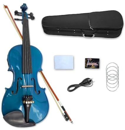 Conboxus Violon électrique 4/4 5 cordes en épicéa massif avec accessoires en ébène – Parfait pour scène avec étui, archet, câble, chevalet, épaulière, chiffon de nettoyage (bleu)