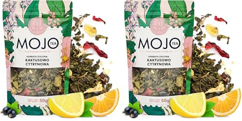 Mojo Tea Grüner Tee Kaktus-Zitrone 50 g - Aromatisierter Gunpowder Grüntee mit Hibiskus, Zitronenschale, Orangenschale & Kaktusblüten - Fruchtig-erfrischender Premium Tee lose (Packung mit 2)