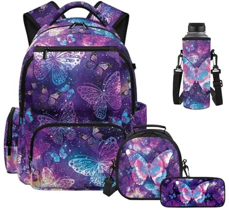 HUIACONG Lot de 4 sacs à dos d'école primaire pour enfants avec boîte à déjeuner, trousse à crayons, pochette pour bouteille d'eau pour 6-8, 8-10 ans, Papillon arc-en-ciel galaxie, One Size