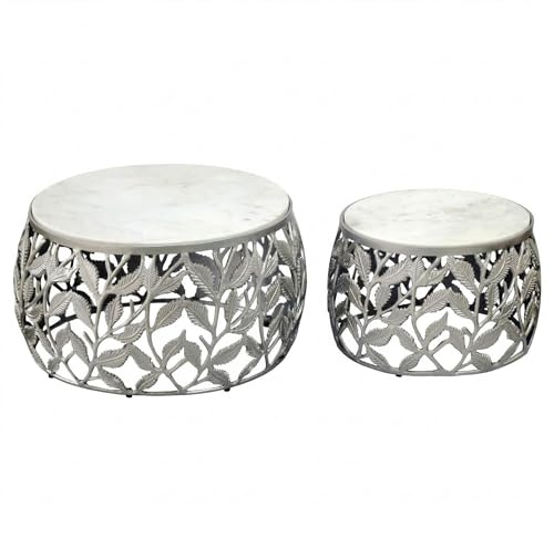 FineBuy 2er Set Couchtisch Silber mit weißer Marmor Tischplatte - Wohnzimmer Tisch Satztisch rund - Beistelltisch Alu modern - Sofatisch Set Aluminium Metallgestell Design Handmade