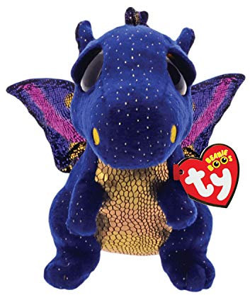 TY Blue Dragon 37260 Saffire, Drache Dunkelblau 24cm, mit Glitzeraugen, Beanie Boo's, 24 cm, Mehrfarbig