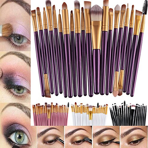 Lot de 20 pinceaux de maquillage pour poudre, fond de teint, fard à paupières, eyeliner, lèvres Violet + doré