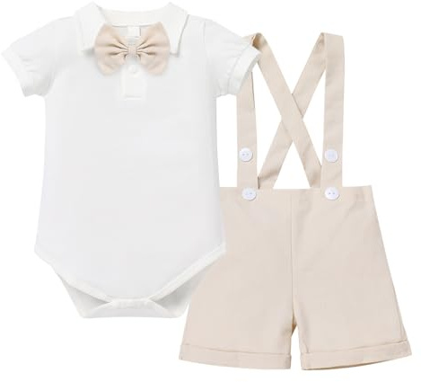 IBTOM CASTLE Baby Boys 3Pcs Christening Outfit Gentleman Bowtie Shirt Top Suspenders Strap Shorts Formal Kids Party Outfit Clothing Sets 0-6 Months