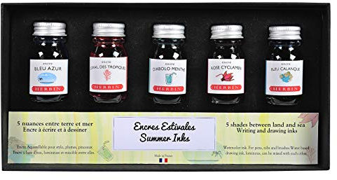 Jacques Herbin 18502T - Coffret de 5 flacons d'encre 10 ml pour stylo-plumes et stylos roller, couleurs assorties estivales. Fabriqué en France