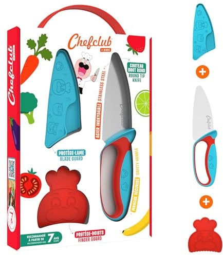 Chefclub Kids | Messer für Kinder | Blau und Rot | Kindermesser mit Fingerschutz, Klingenschutz und ergonomischem Griff | Kinder Küche Messer | Küchenutensilien für Kinder | für Kleinkinder