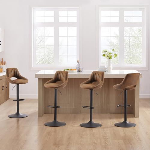 Zouron Tabouret de Bar (Hauteur réglable et pivotant) Lot de 4,Tabouret de Bar (Style Industriel), Chaise de Cuisine avec Dossier et Repose-Pieds, Chaise de Bar,Grand siège (54.5 * 50.5cm),Marron