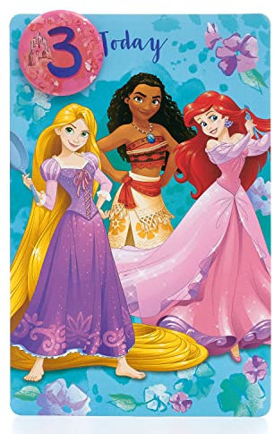 UK Greetings Disney Geburtstagskarte zum 3. Geburtstag für sie/Mädchen mit Umschlag, Prinzessinnen-Design mit Rapunzel, Moana und Arielle