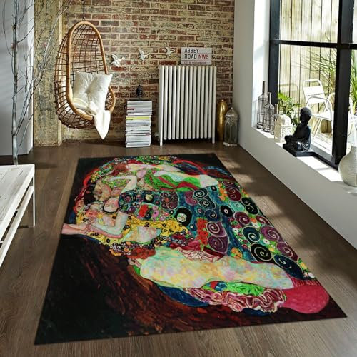 CIHCOHOME Gustav Klimt Stil Teppich Welt Klassische Kunstwerk Teppiche für Wohnzimmer Schlafzimmer Kinderzimmer Leicht zu reinigen Zuhause Bauernhaus Dekor Niederflor Teppich 90x180cm