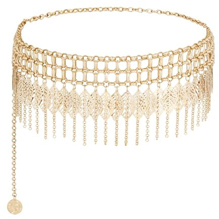 MEGAUK Damen Retro Kettengürtel Münzgürtel Fransen Bauchtanz Gürtel Metall Taillengürtel Hüftgurt (07919 Gold)
