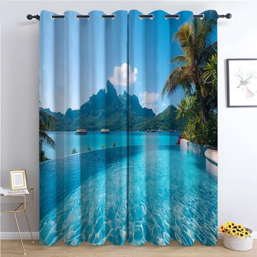 CozyRest Blickdichte Ösenvorhänge Wohnzimmer - 280 x 260 cm Schöner Swimmingpool Thermogardinen, Wärmeisolierende Verdunkelungsvorhang für Kinderzimmer und Schlafzimmer, Französisches Luxusresort