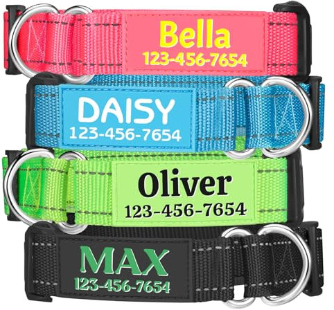 Personalised Dog Collars, Reflective Nylon Collar with Custom Name Plate Pet Name and Phone Number 4 Adjustable Sizes for Small, Medium, Large Dogs 4 Colors Boy Girl Male Female Puppies(Classic)