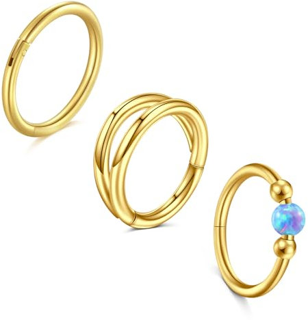 LAURITAMI 3 Stück Nasenpiercing Ring Chirurgenstahl 18G Dünn Nasenpiercing Ring Gold Set,Blau Opal Septum Clicker Ring,8mm Helix Conch Knorpel Tragus Nasenpiercing Schmuck
